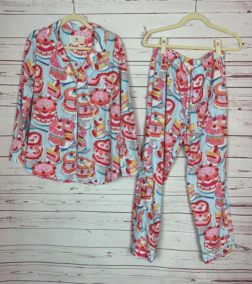 Print Fresh Women's S Small Vintage Cakes Blue Long Sleeve Shirt Pants Set RARE